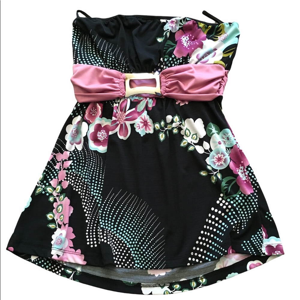 Medium Strapless Charlotte Russe Black & Pink Floral Top EUC